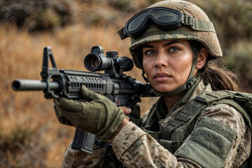 Mujer militar con ropa de camuflaje sosteniendo un fusil