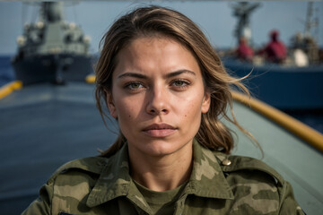 Mujer en uniforme militar parada frente a un barco - obrazy, fototapety, plakaty