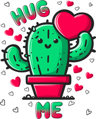 Lovely Cute Cactus Illustration, Valentines Day Greeting Card and T-Shirt Print.