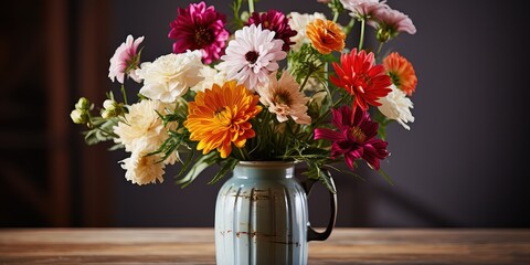 charming rustic vase, a vibrant flower arrangement bursts with color and life. Each bloom adds a touch of beauty and elegance, creating a delightful centerpiece that brings joy 