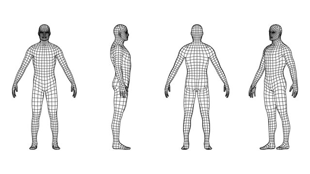 Three-dimensional human model in black wireframe from different angles