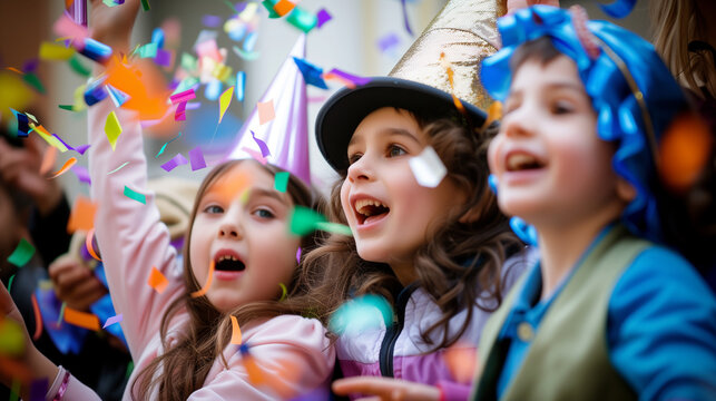 preschool children in funny outfits and caps celebrate Purim, birthday, Halloween