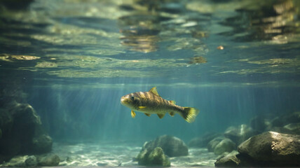Fototapeta premium Underwater majestic view of one carp fish (Carp of the family of Cyprinidae) swimming in freshwater near the bottom 