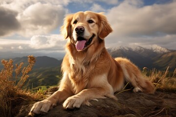 Golden retriever dog sitting on ground on mountains