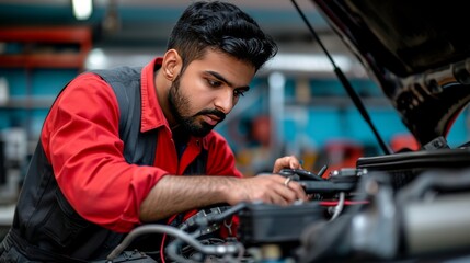 Fototapeta na wymiar Expert Care: Indian Male Technician at Auto Repair Service generative ai