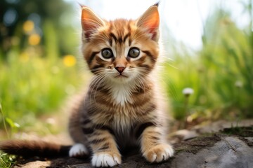 Naklejka na ściany i meble Cute kitten sitting outdoors staring at camera