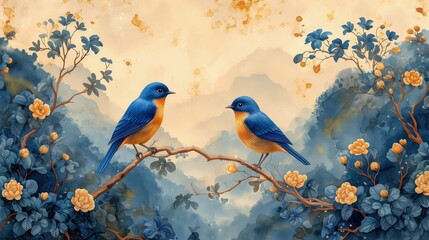 Obraz przedstawiający dwie ptaki siedzące na gałązce drzewa w złoto niebieskich barwach - obrazy, fototapety, plakaty
