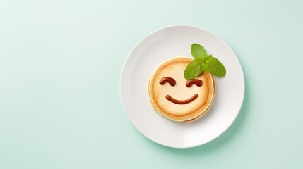 a delicate mint background with a smiling pancake on a plate. place for recipe text or advertisement