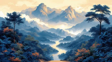 Fotobehang Na obrazie widać krajobraz górski z rzeką płynącą przez niego. © Artur