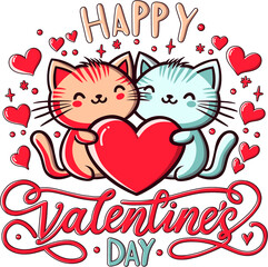 Valentines day greeting card illustration with cute cats and hearts.