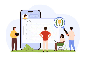 Mobile app and software development. Tiny people develop program code on phone screen, online code creation and script research by developers with magnifying glass cartoon vector illustration