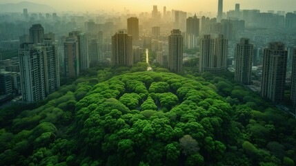 Minimalistyczne lotnicze zdjęcie przedstawiające surrealny park w środku z koniczyną na szczęście w środku miasta  z wysokimi budynkami. - obrazy, fototapety, plakaty