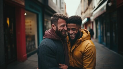 happy gay couple spending time together in city center