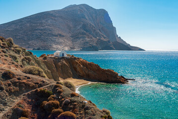 Agioi Anargyroi beach and church in Anafi, Cyclades islands archipelago GR - 733438821