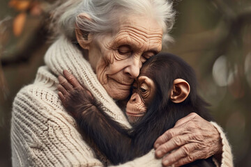 A close-up of an elderly woman in a knit sweater hugging a chimpanzee, showcasing a poignant intergenerational bond. powerful imagery for conservation or companionship themes.