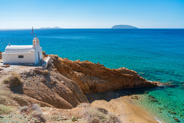 Agioi Anargyroi beach and church in Anafi, Cyclades islands archipelago GR - 733438832