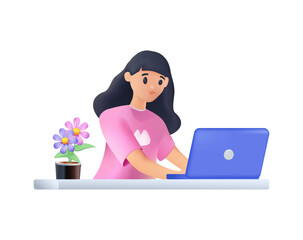 Freelance woman works at computer desk 3D illustration. Happy person employee at desktop PC, table. Worker working