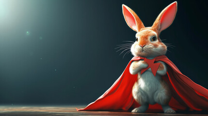 The rabbit in a superhero costume. easter bunny. Superhero bunny, creative picture of cute animal wearing cape jumping and flying. Leader, funny animals studio shot - obrazy, fototapety, plakaty