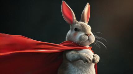 Obraz na płótnie Canvas The rabbit in a superhero costume. easter bunny. Superhero bunny, creative picture of cute animal wearing cape jumping and flying. Leader, funny animals studio shot