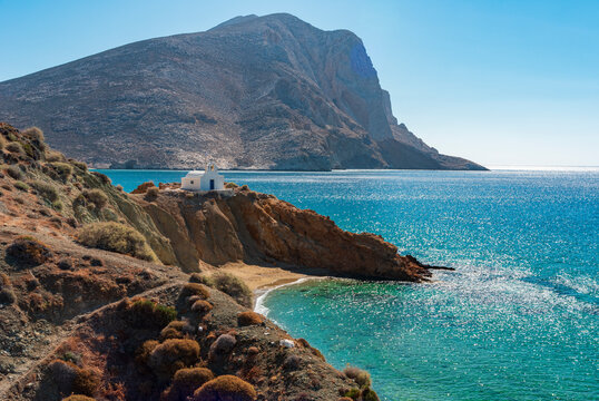 Agioi Anargyroi beach and church in Anafi, Cyclades islands archipelago GR