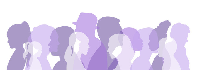  Silhouettes of a group of people.Silhouettes of men and women of different nationalities standing side by side.Vector illustration.