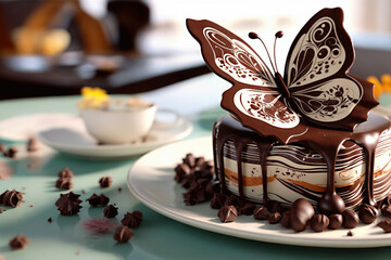 Papillon en chocolat sur gateau au chocolat, dessert artistique