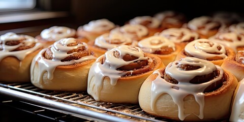 woman's hand delicately spreads creamy vanilla frosting over freshly baked cinnamon buns, filling the air with the irresistible aroma of warm, sweet goodness. 