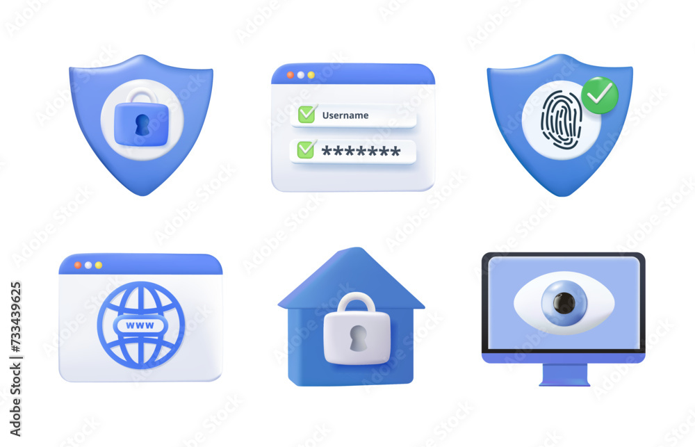 Poster safety, security, protection 3d icons. digital security authentication concept. 3d scan for authoriz