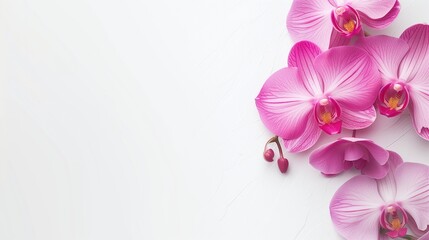 Pink orchids on white wooden background. Top view with copy space