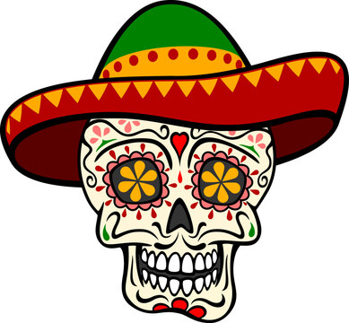 Vector illustration of an ornate cartoon sugar skull wearing a brightly-colored sombrero. 