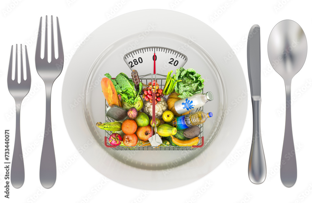 Poster shopping basket full of products on the plate with weight scale. 3d rendering isolated on transparen