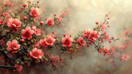 Obraz przedstawia różowe kwiaty na gałązce.