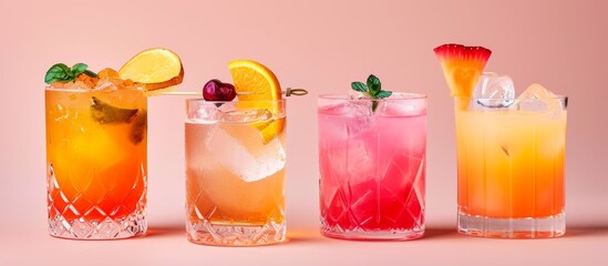 A variety of four classic cocktails are displayed in highball glasses on a pink background,...
