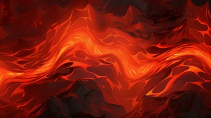 Poster Flowing magma lava field, glowing lava and magma flows. Background texture of heat, lava and flames. © Meta