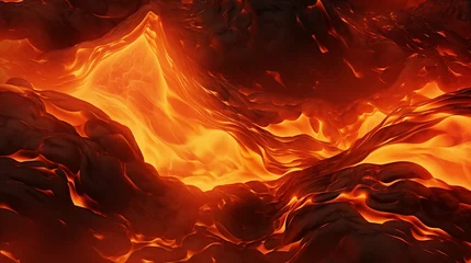 Rolgordijnen Flowing magma lava field, glowing lava and magma flows. Background texture of heat, lava and flames. © Meta