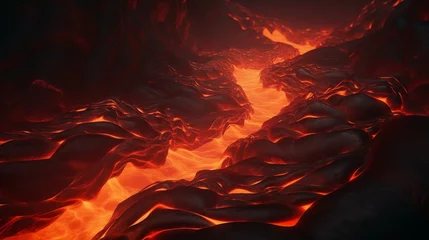 Papier Peint photo Bordeaux Flowing magma lava field, glowing lava and magma flows. Background texture of heat, lava and flames.