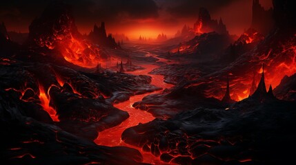 Flowing magma lava field, glowing lava and magma flows. Background texture of heat, lava and flames.