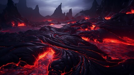 Flowing magma lava field, glowing lava and magma flows. Background texture of heat, lava and flames.