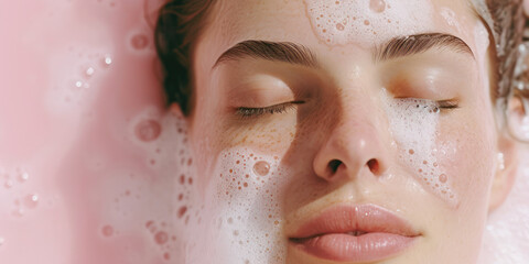 Beautiful woman model washes her face with foam against pink background. - obrazy, fototapety, plakaty