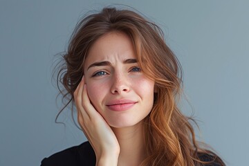 Naklejka premium A contemplative woman with windswept hair and a slight smile rests her hand on her cheek, exuding a sense of inner peace and grace as she gazes off into the distance