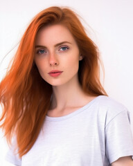 Fototapeta premium Portrait of a beautiful young woman with red hair on white background