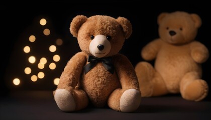 Two Teddy bears isolated on dark background, christmas tree light blurred in the background