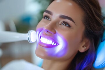 A radiant woman's captivating smile reveals her impeccable oral hygiene, accentuated by a bold lipstick and fluttering eyelashes, as she basks in the warm glow of indoor lighting