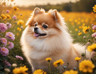Fototapeta premium Pomeranian Dog Sitting In A Field Of Flowers