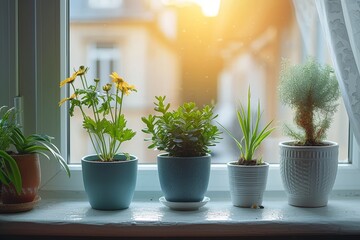 A sunny window sill lined with a variety of potted plants, each in its own unique vase, adding life and color to the indoor space