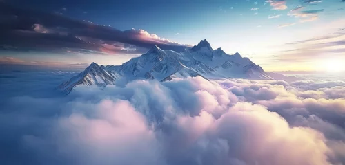 Zelfklevend Fotobehang majestic mountain peaks towering above clouds at sunset serene landscape © Klay