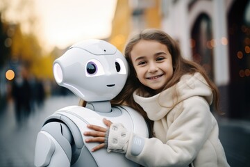 Young little girl hugging with humanoid robot