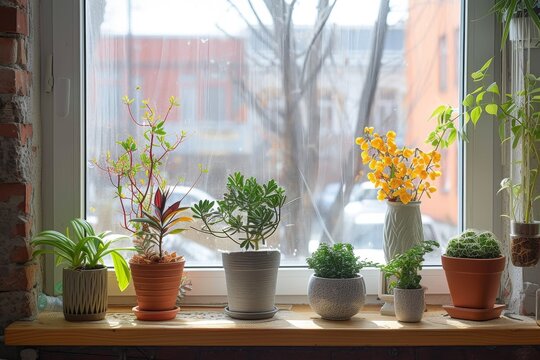 A charming display of vibrant houseplants sitting on a windowsill, adding a touch of life and beauty to the indoor space with their colorful floral designs and delicate vases