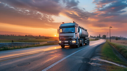 Fototapeta na wymiar Fuel Tanker Truck on the Move at Sunset