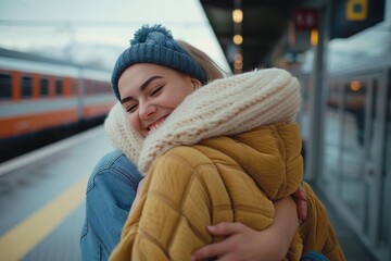 Two women embrace on a train platform, their faces filled with joy and the promise of new adventures as they bid farewell to one another - obrazy, fototapety, plakaty